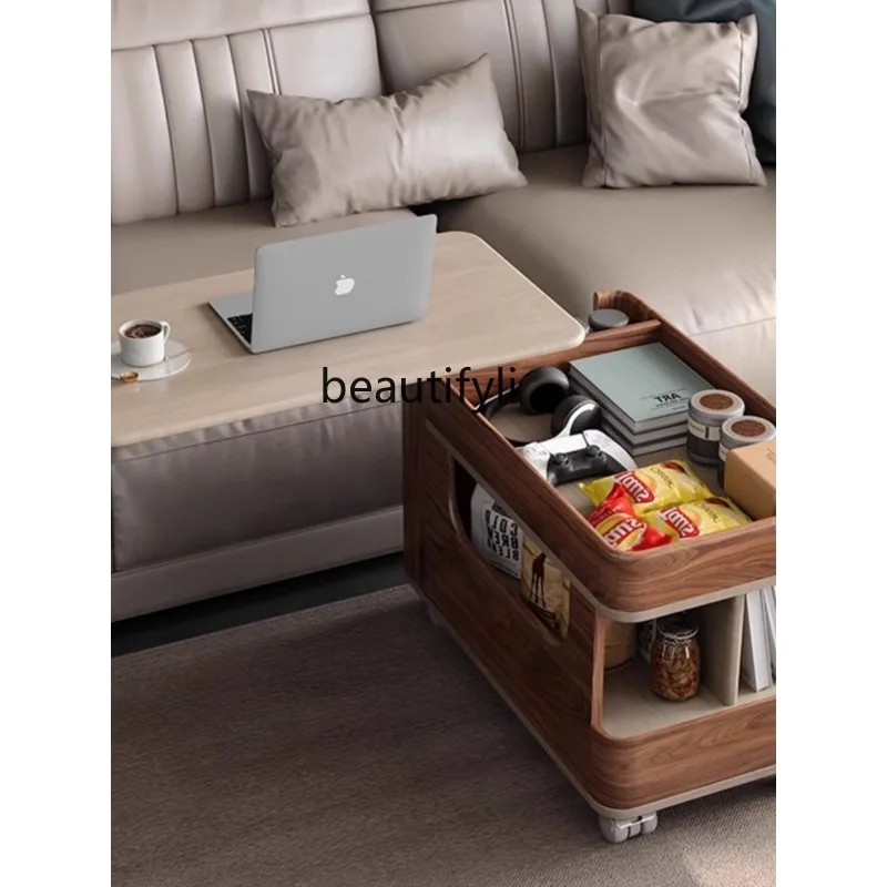Solid Wood Lifting Tea Table Movable Trolley Side Table Black Walnut Household Rotating Bedside Cabinet image 5