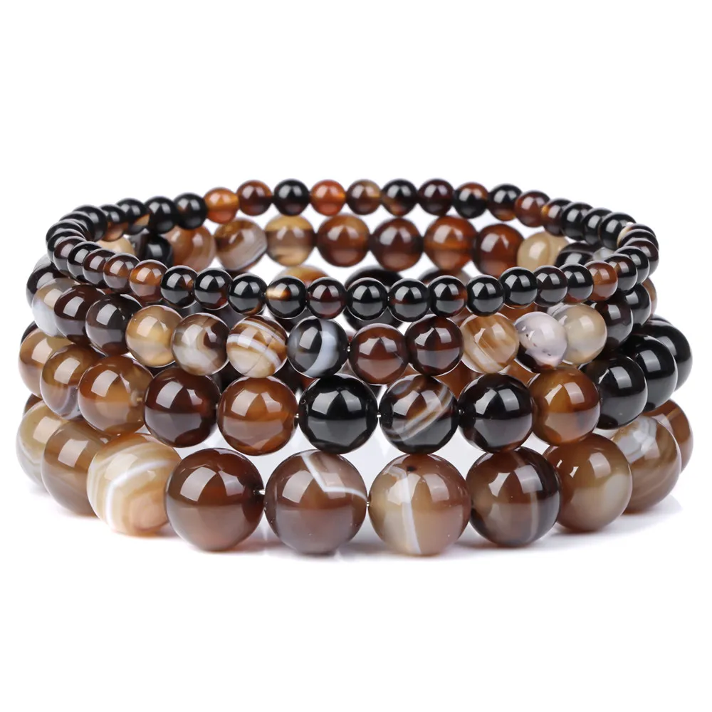 Fashion Natural Brown Striped Agates Bracelet Women 4/6/8/10mm Agates Beads Elastic Bracelets for Men Reiki Healing Boho Jewelry