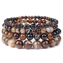 Fashion Natural Brown Striped Agates Bracelet Women 4/6/8/10mm Agates Beads Elastic Bracelets for Men Reiki Healing Boho Jewelry
