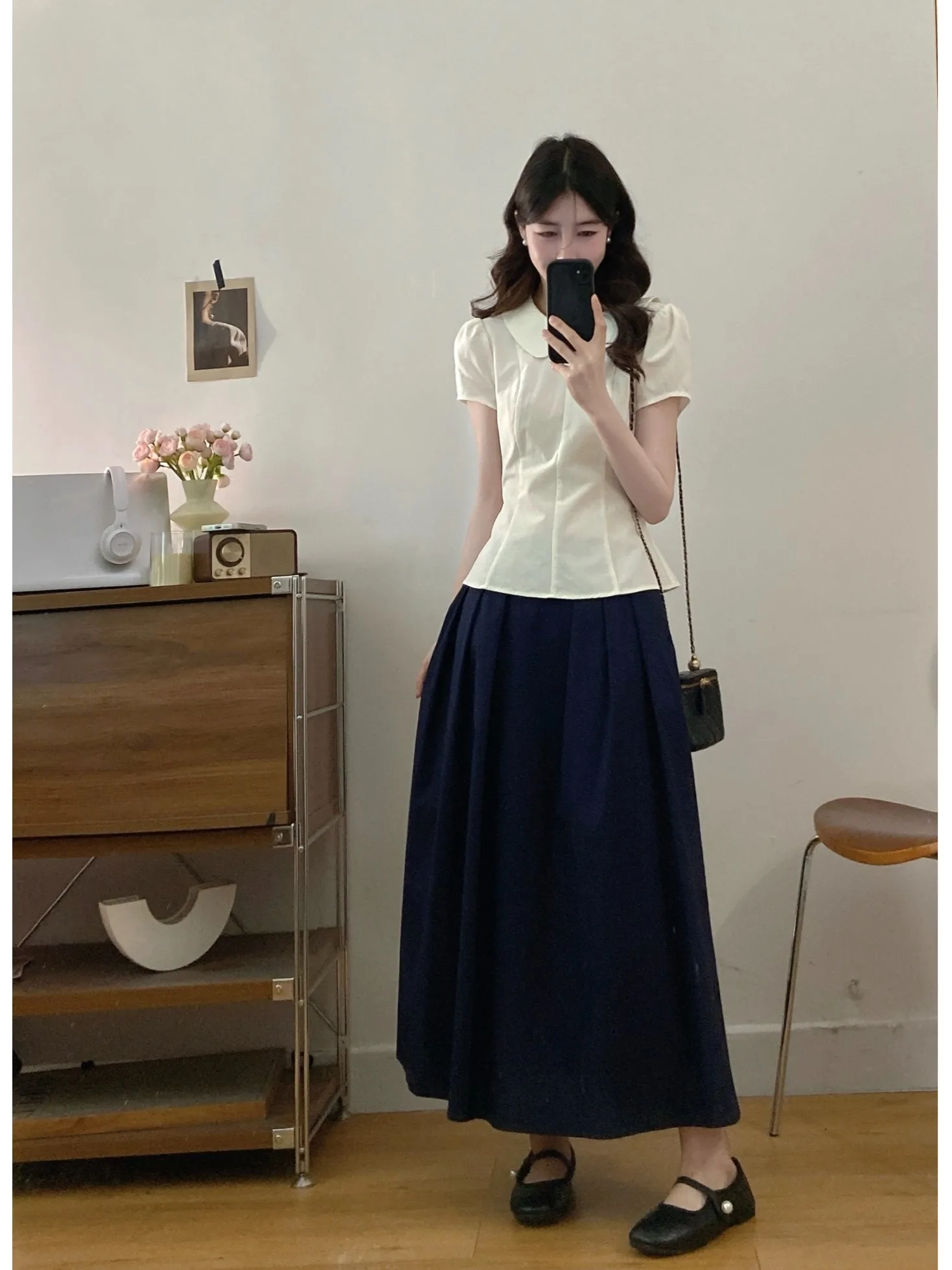 

plus Size Fashionable Set Summer New Design Doll Collar Waist Cinched Short Sleeve Shirt Midi Skirt Korean Style Loose Fit