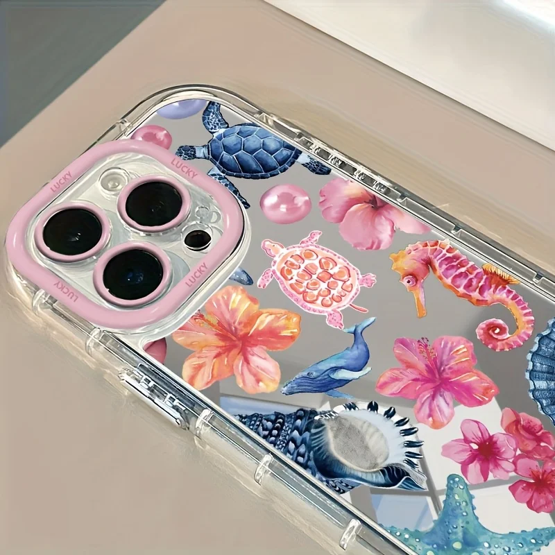 Marine Elements Sea Turtle Jellyfish Mirror Phone Case For iPhone 11 12 13 14 15 16 17 Pro Max 7 8 Plus XR X XS 16E 17E Cover - view 2
