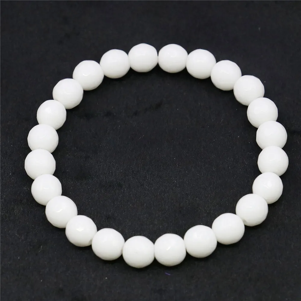 8mm White Round Faceted Jade Bracelet Natural Stone Women Gifts Chalcedony Jewelry Making Design Elastic Hand Wear Accessories