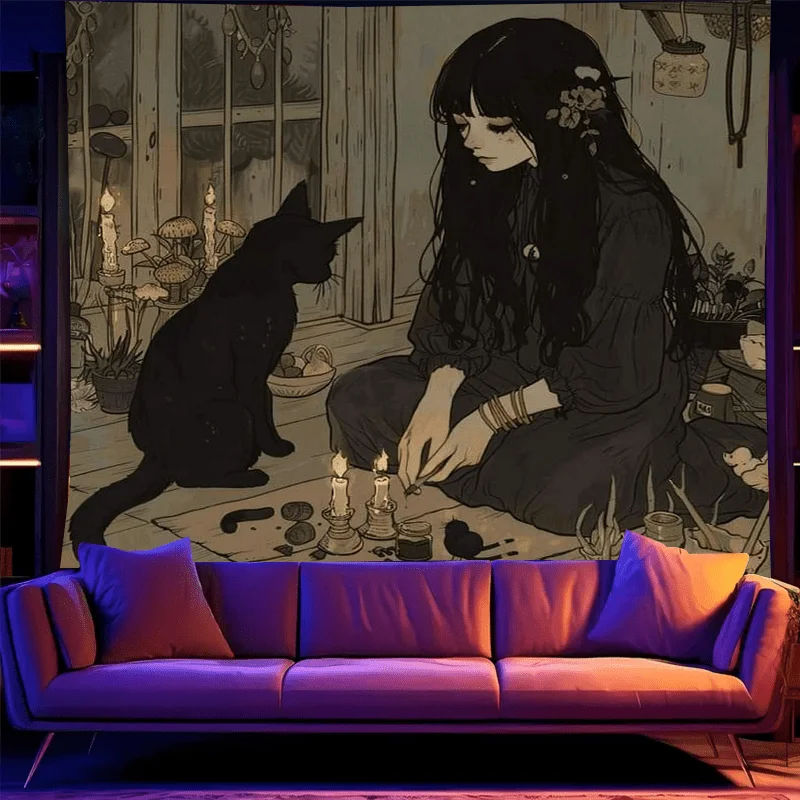 نسيج السحر الغامض يتميز بفتاة مع قطة سوداء وشموع، مثالي لإضافة سحري وساحر