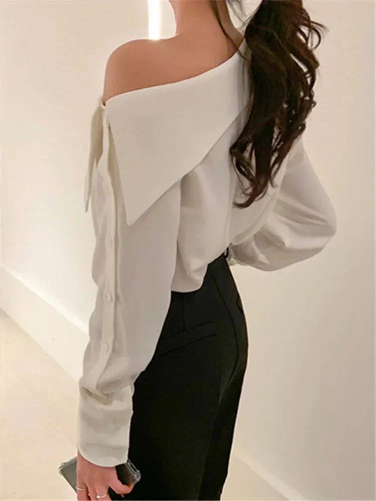 Elegant Korean Black Chiffon Off-Shoulder Women\'s Pullover Top Perfect Spring Vintage Elegance for The Office with Long Sleeves