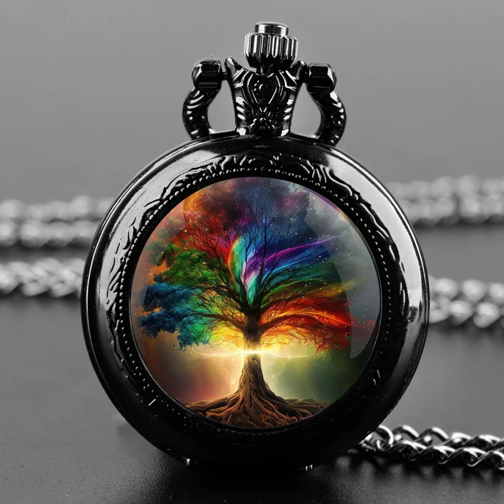 Colorful Tree Glass Dome Pocket Watch – Quartz + Durable Chain & Arabic Numerals, Unique Creative Gift