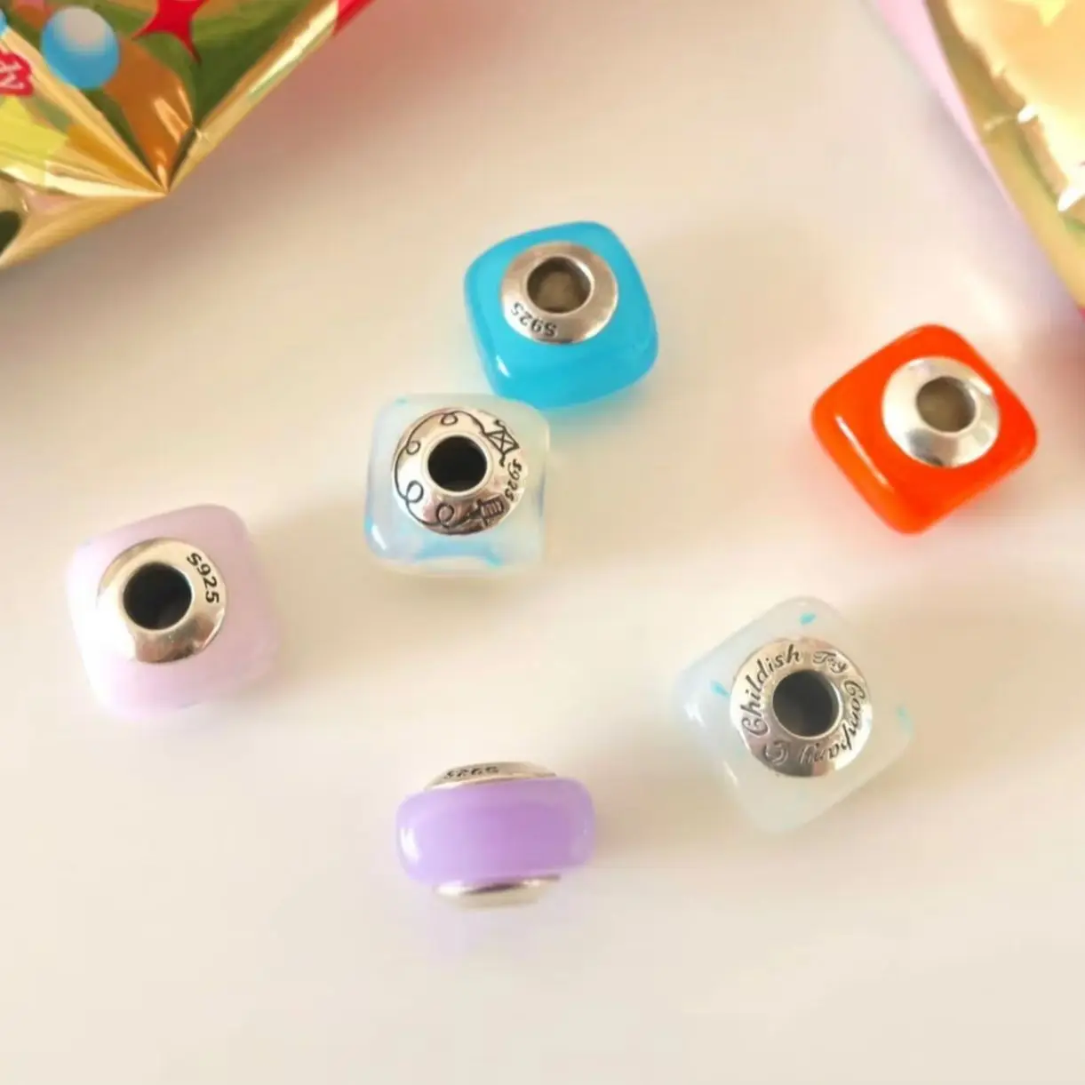 

925 Sterling Silver Square Candies Murano Glass Bead Charm For Bracelet Bangles