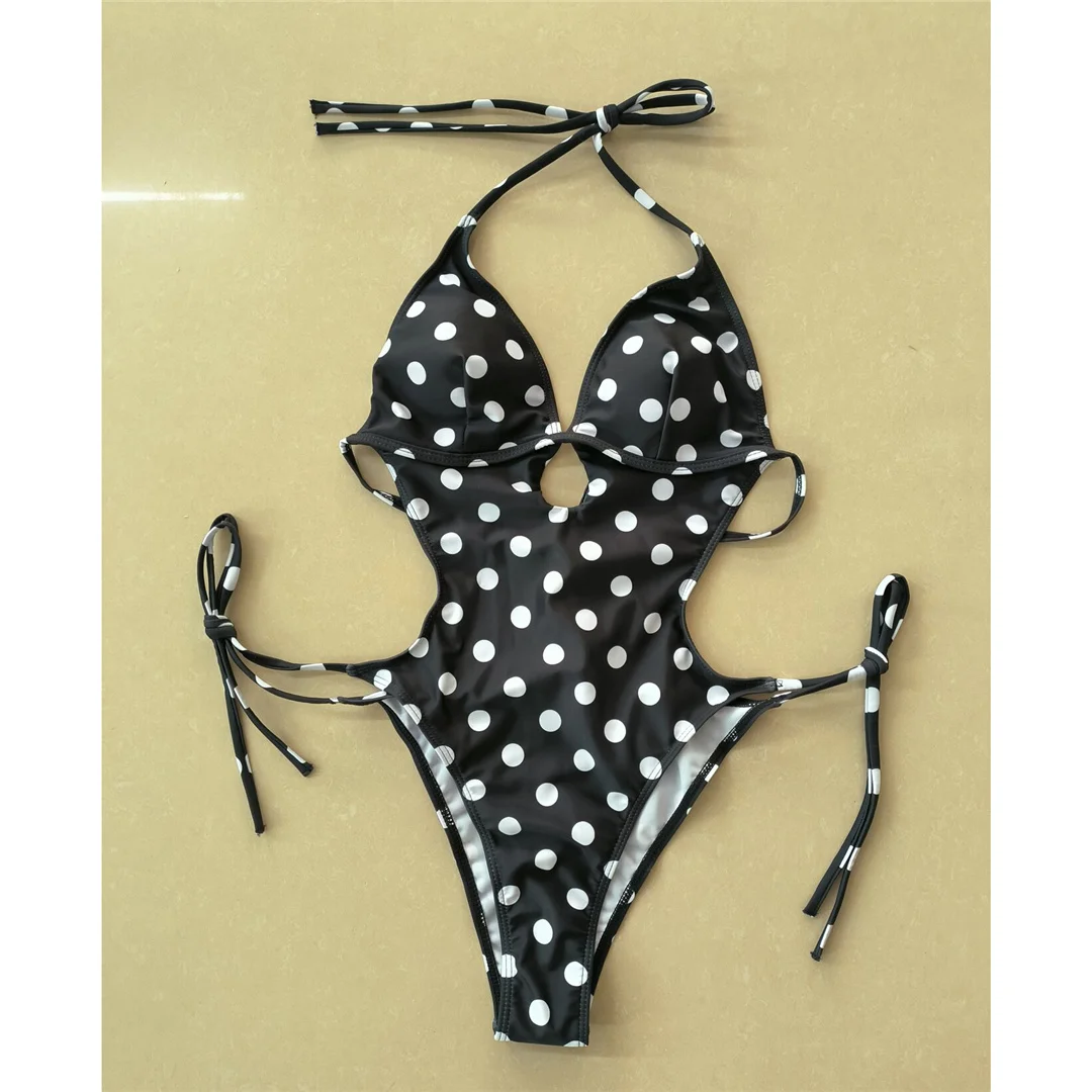 S - XL Polka Dots Neckholder-Badeanzug mit hohem Beinausschnitt, einteiliger Badeanzug für Damen, rückenfreier Monokini-Badeanzug, Badebekleidung, Badeanzug V7539 – Detail 2