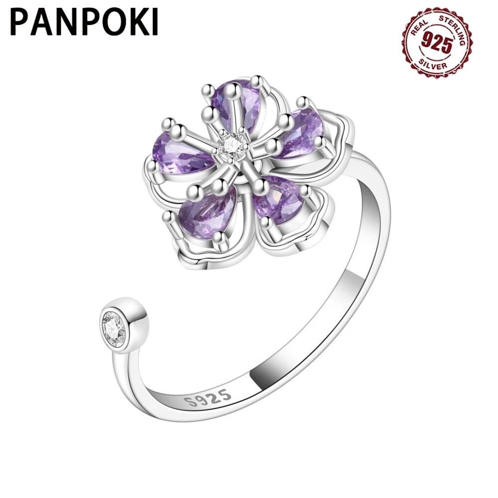 

PANPOKI S925 Sterling Silver Purple Flowers Bloom Opening Ring For Women Original Finger Ring Jewelry Party Fine Trendy Gifts