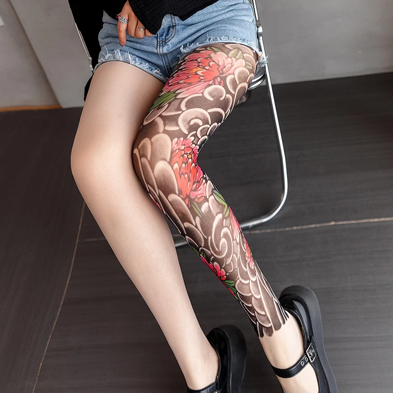 Sexy feminino impresso collants falso tatuagem peônia meia-calça perspectiva feminina malha leggings meias de náilon