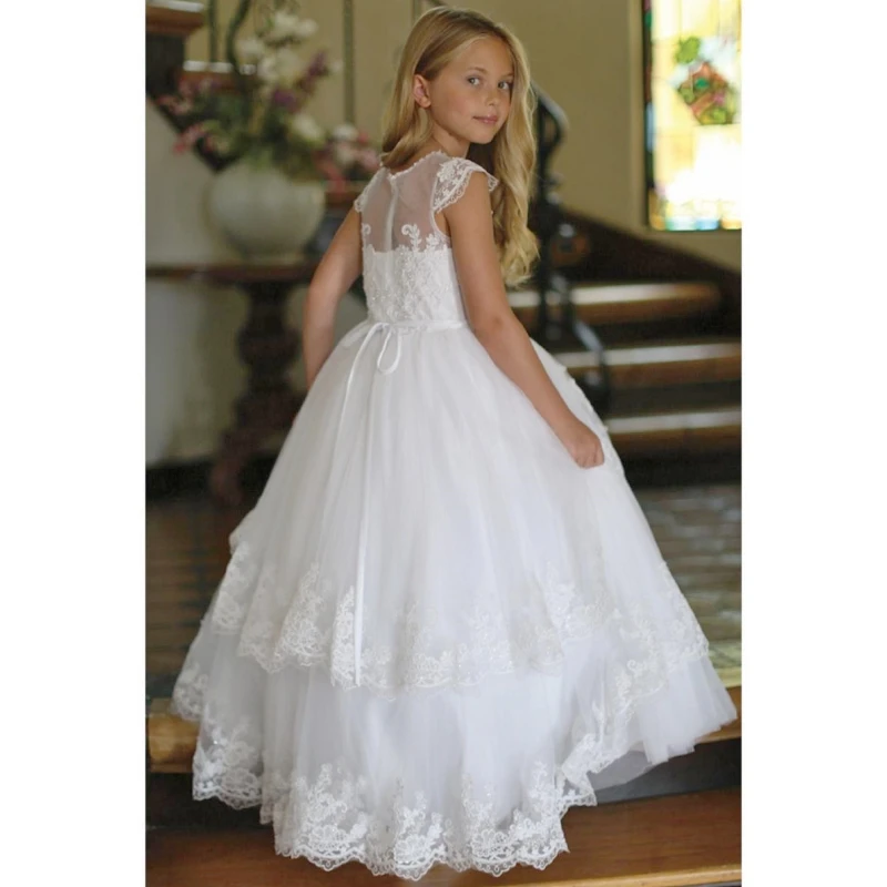 White Flower Girl Dresses Tulle Appliques Lace Hem Short Sleeve For Wedding Birthday Party Banquet First Communion Gowns