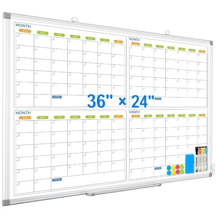 

Erase Calendar Whiteboard for Wall, 36 x 24 Magnetic Whiteboard Calendar Planner, Silver Aluminum Frame 4 Month Dry Erase Board