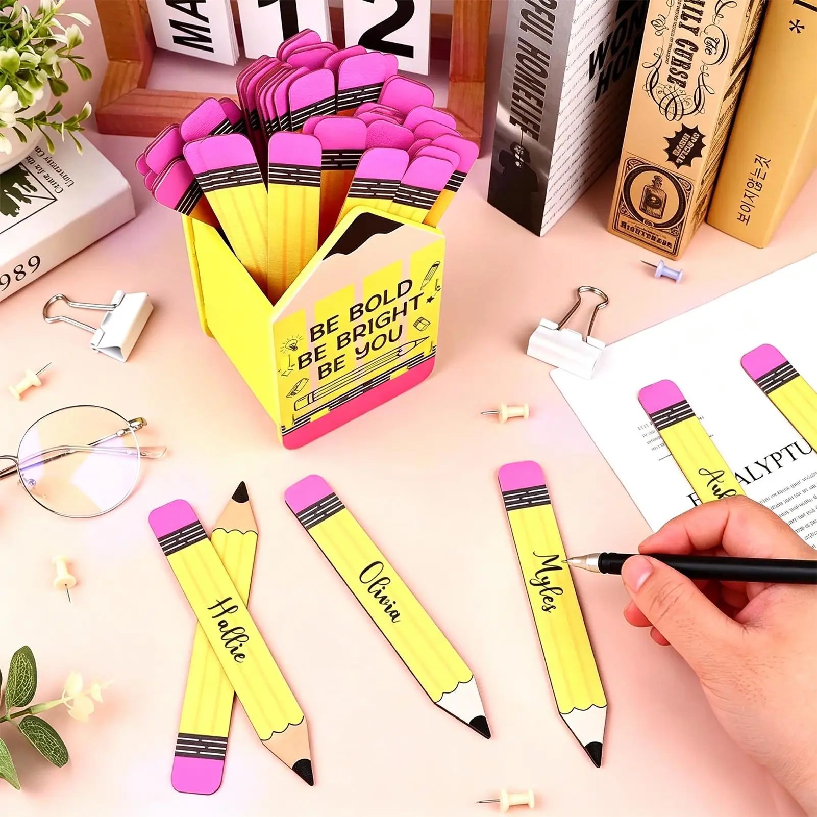 Pencil Name Sticks Set 50 Tags Name Sticks with Storage Cup student name craft sticks for classroom management
