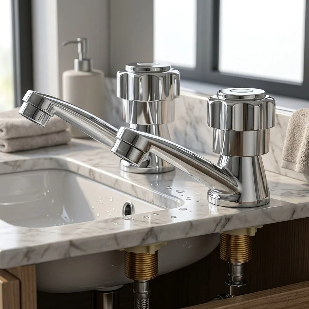 2pcs Silver Bathroom Faucet Set Zinc Alloy Single Hole Cold Water for tap Pair for Basin Sink 15x15x5cm Contemporary Design Easy