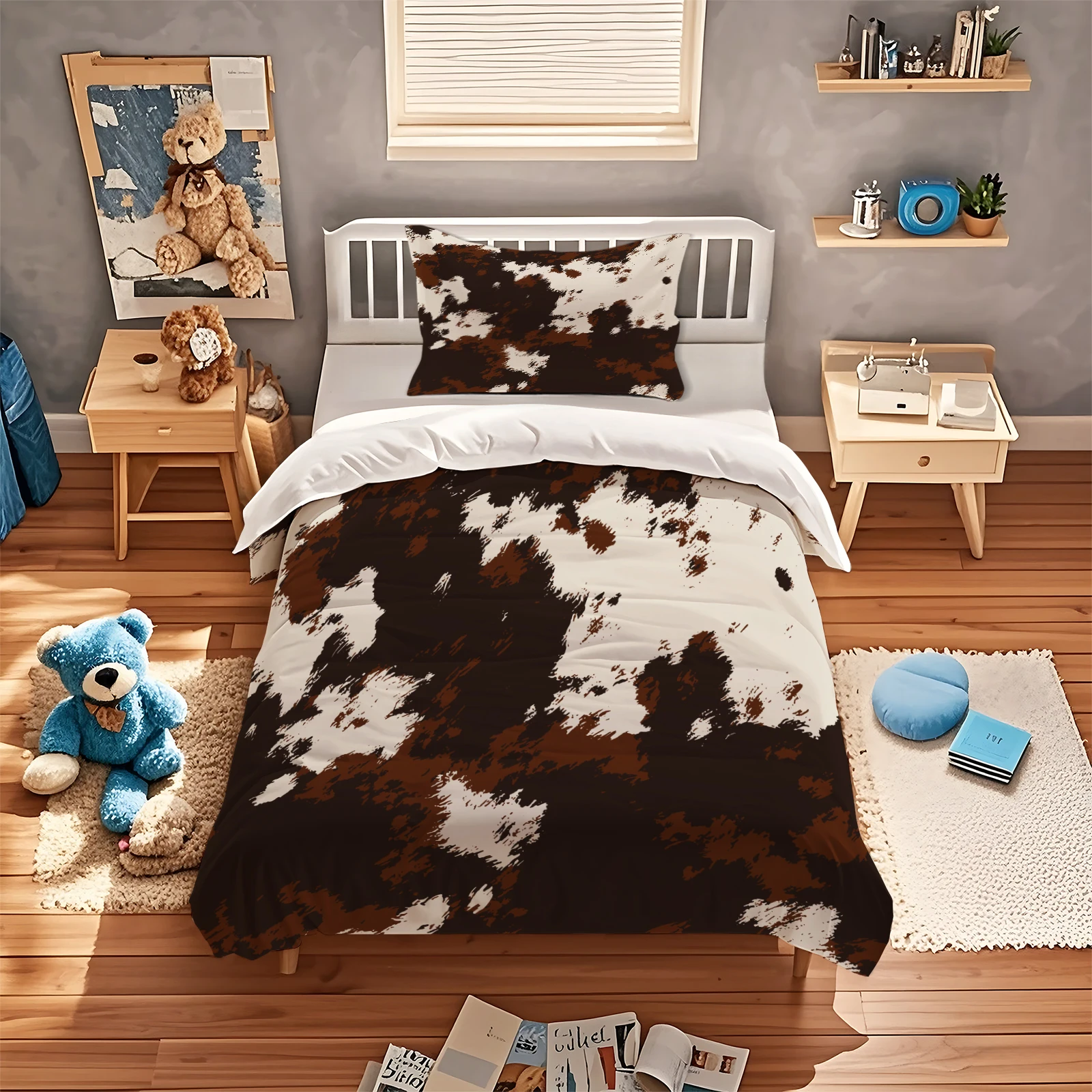 Cow Print Duvet Cover Set Brown White Cowhide Pattern Bedding Set Western Farm Style Polyester Quilt Cover with Pillowcases
