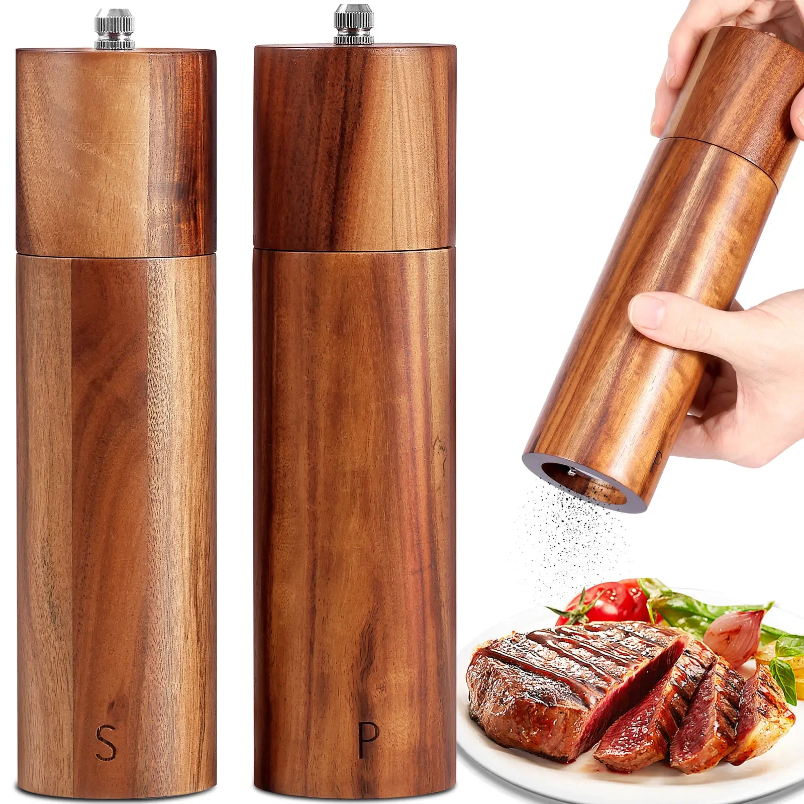 

2Pcs Wooden Salt Mill Shaker Ergonomic Adjustable Coarseness Manual Pepper Grinder for Peppercorn Chili Flake Dried Herb
