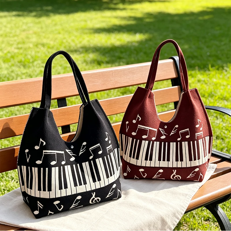 Piano Notes Knitted Shoulder Bag Large Capacity Tote Handbag Fashionable Student Commuter Bag Casual Everyday Shopper Bag