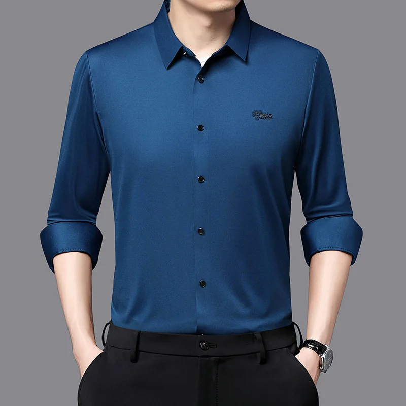 Autumn New Men's Solid Color Polo Collar Shirt Long Sleeve Shirt Business Casual Long Sleeve Seamless Men Shirt