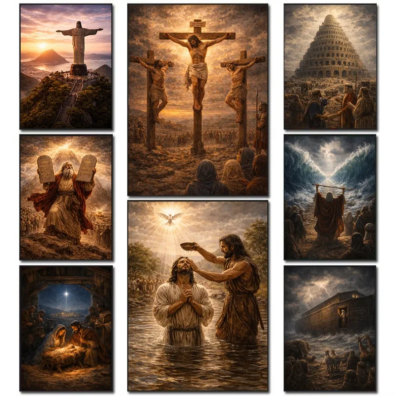 Christian Poster Set Biblical Art Print Moses Ten Commandments Nativity Star, Rio Sunset Jesus Crucifixion Wall Decor for Home