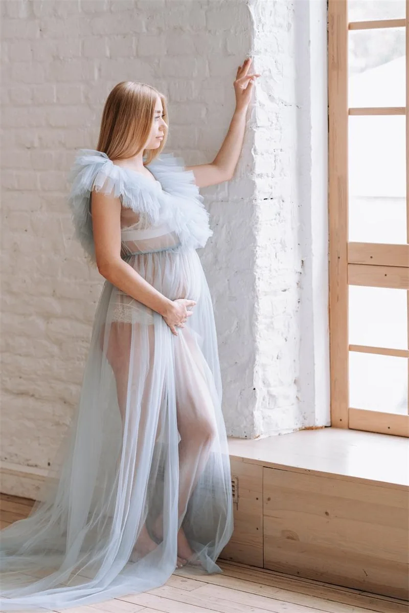 Durchsichtige hellblaue Umstands kleider für Fotoshooting ärmellose Baby party mit V-Ausschnitt, schwangere, maßge schneiderte Frauen, Ballkleid