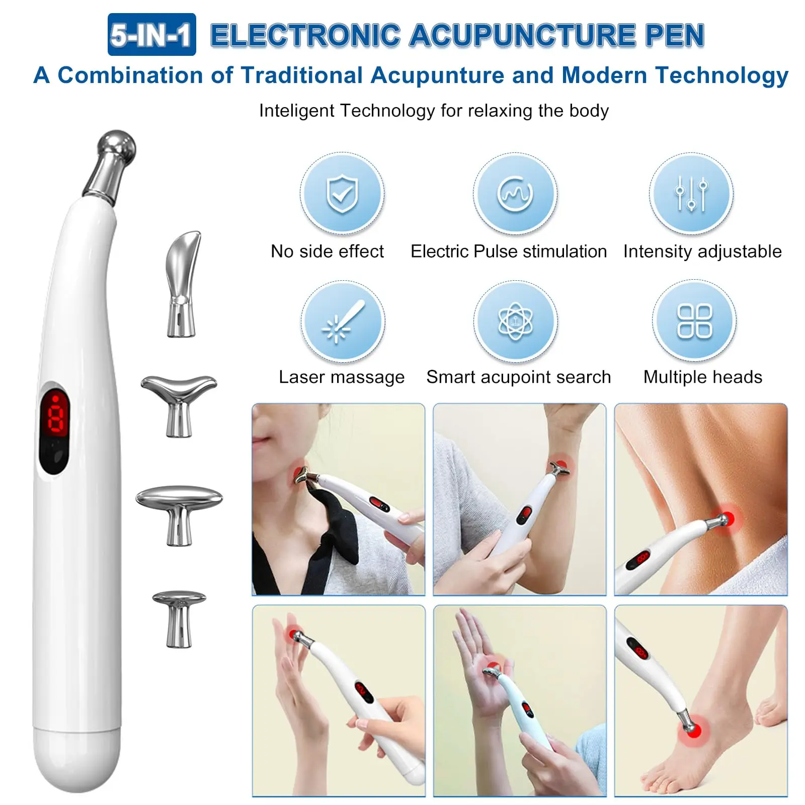 قلم العلاج بالابر الكهربائي القابل لإعادة الشحن - 5 رؤوس قابلة للتبديل لتخفيف آلام العضلات والتعب، أداة تدليك الوجه والجسم