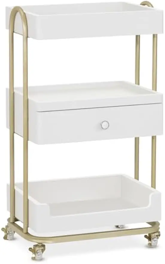 3 Tier White Gold Salon Trolley Cart Gold Accents 2086
