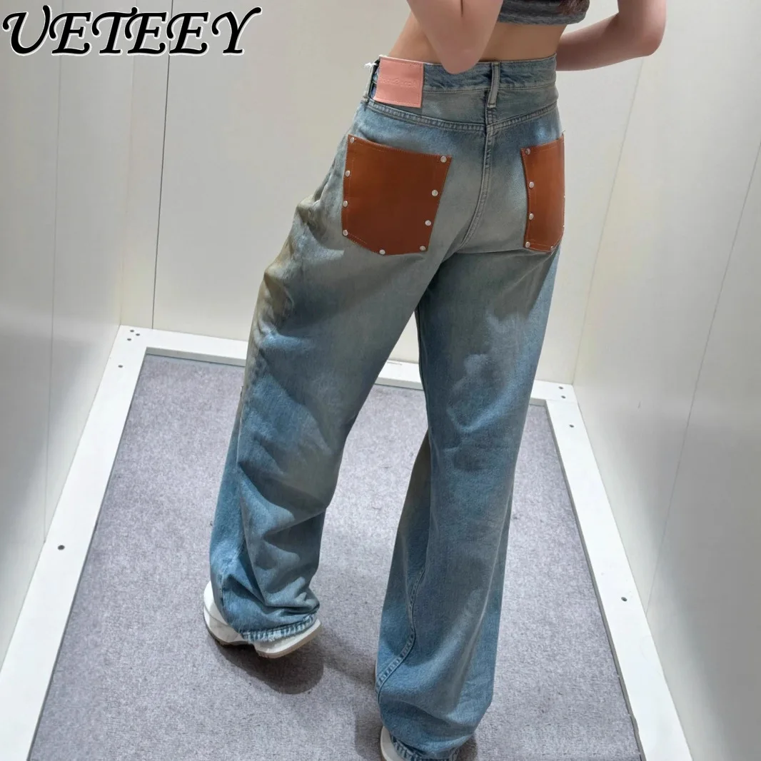

Niche Design Mud Dots Splashing Ink Dirty Old Jeans Women Autumn New Leather Pocket Wide Leg Pants Men and Women The Same Style