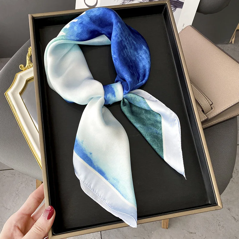 Blue sea oil painting gradient letters simple summer thin section 70*70cm Luxury woman square scarf silk scarf scarf female