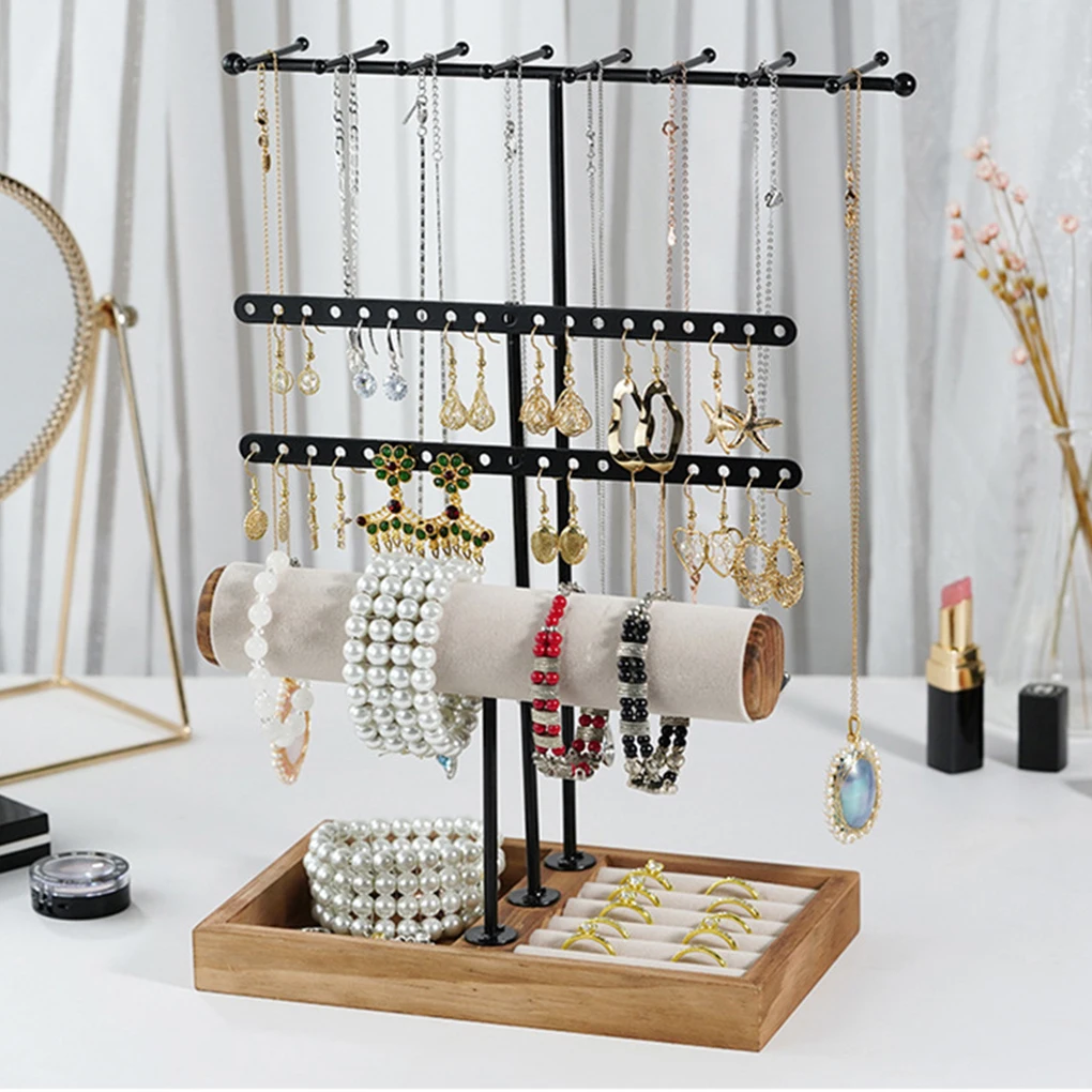 Hanging Jewelry Black Metal T-shaped Holder Base Display Stand Hanger 4 Tiers Large Capacity Rack Bracelet Storage