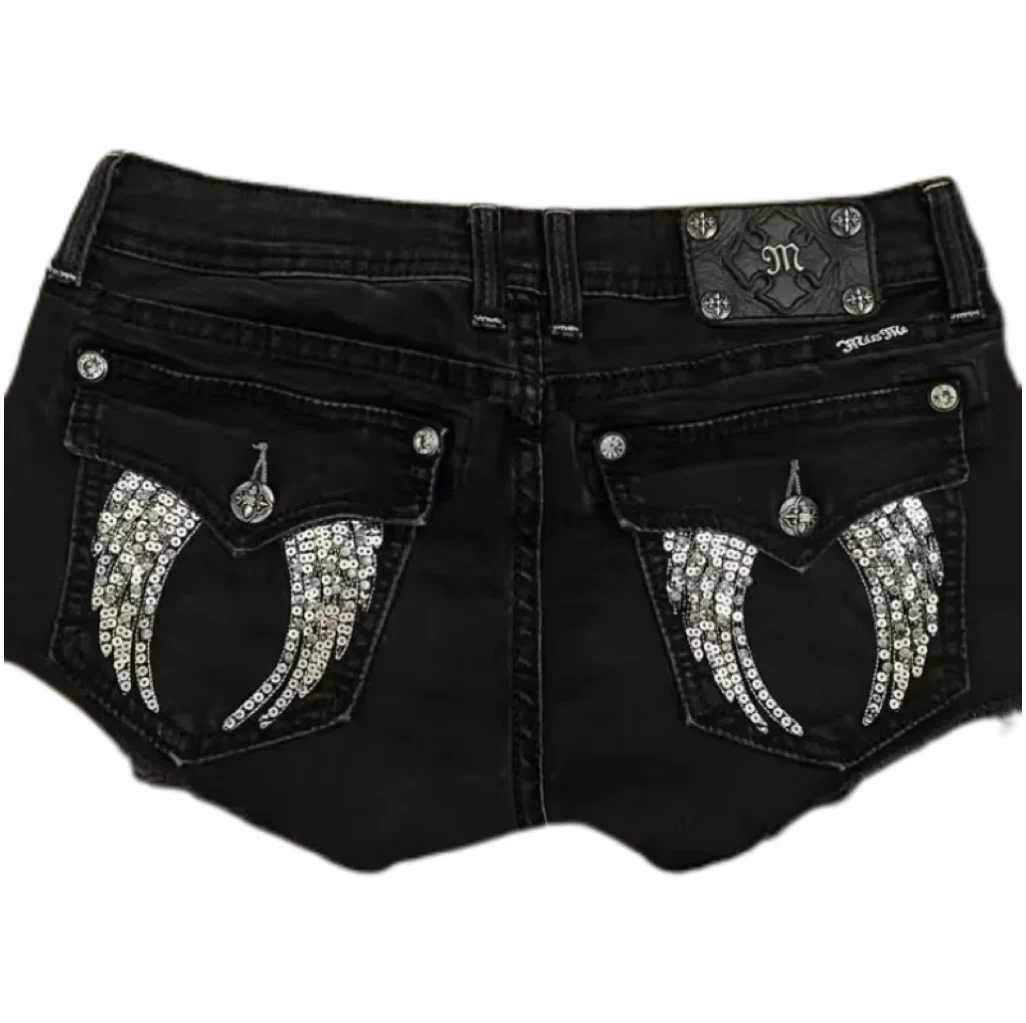 

Summer New Black Denim Shorts Y2K Vintage Wing Crystal Embellishment Embroidery Shorts Women Hip Hop Gothic Sexy Harajuku Shorts
