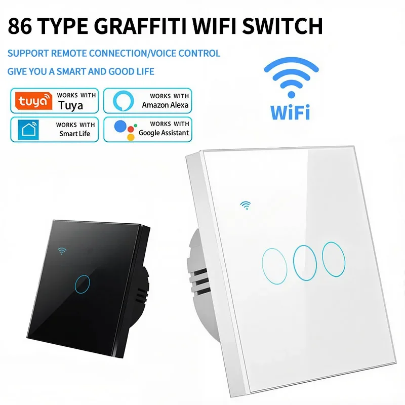 

86 Type Standard Tuya WIFI Smart Switch Tempered Glass Panel with Timing Voice Control, Compatible with Amazon Alexa Google A