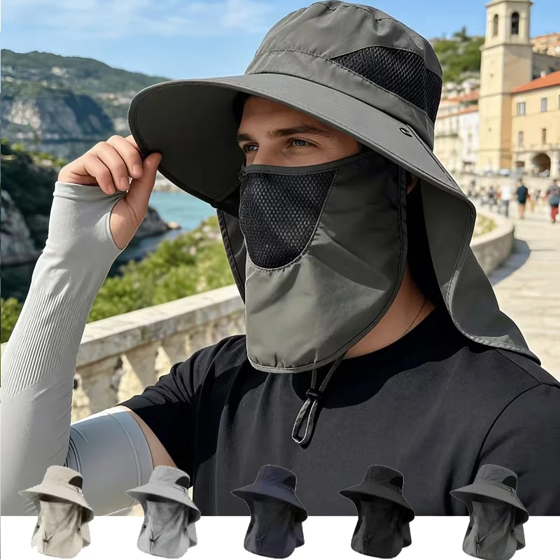 Breathable Wide Brim Fishing Hat with Detachable Face Mask & Neck Protection Unisex Outdoor Sun Hat for Hiking Trekking Cycling