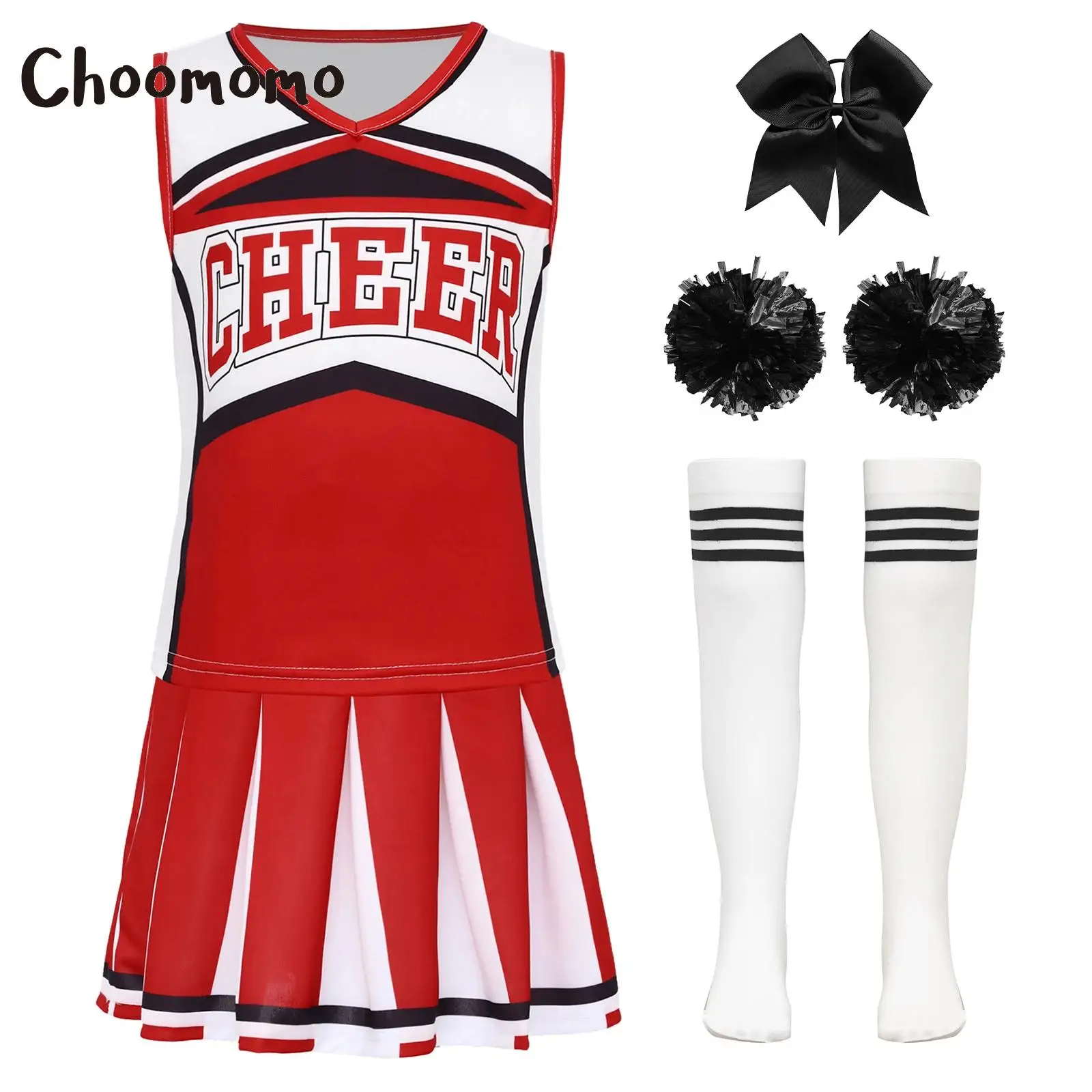

Girls Cheerleading Costume Outfit Uniform Letter Print Sleeveless Top with Skirt Headwear Striped Socks sets Stage Performances
