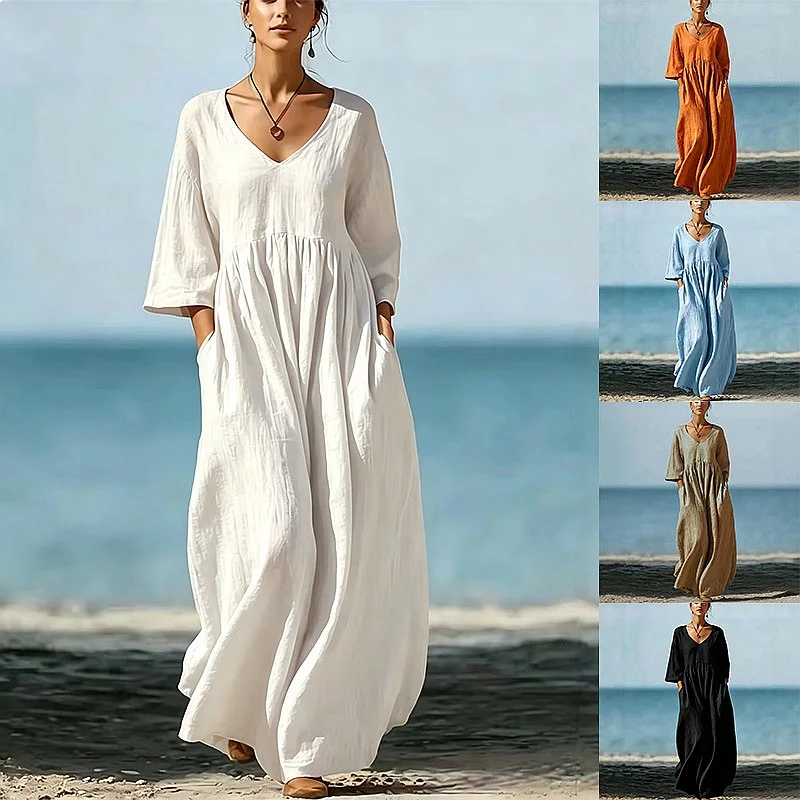 

Women Loose V Neck Linen Maxi Dress Casual Long Dresses Spring Summer Beach Vacation