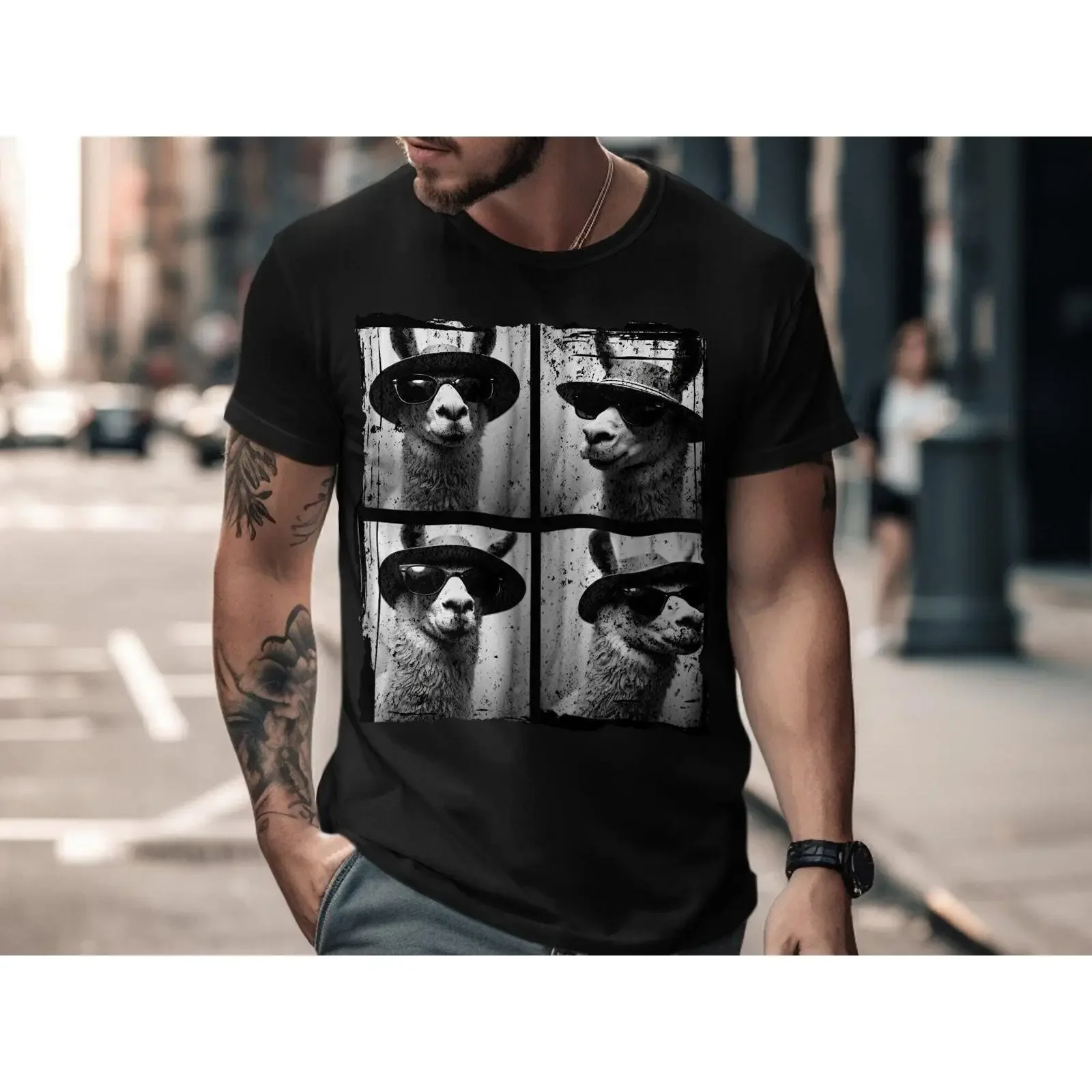 Funny Cool Llama With Sunglasses Photo Booth T shirt Hipster Animal Casual vintage Washed Breathable Comfortable streetwear
