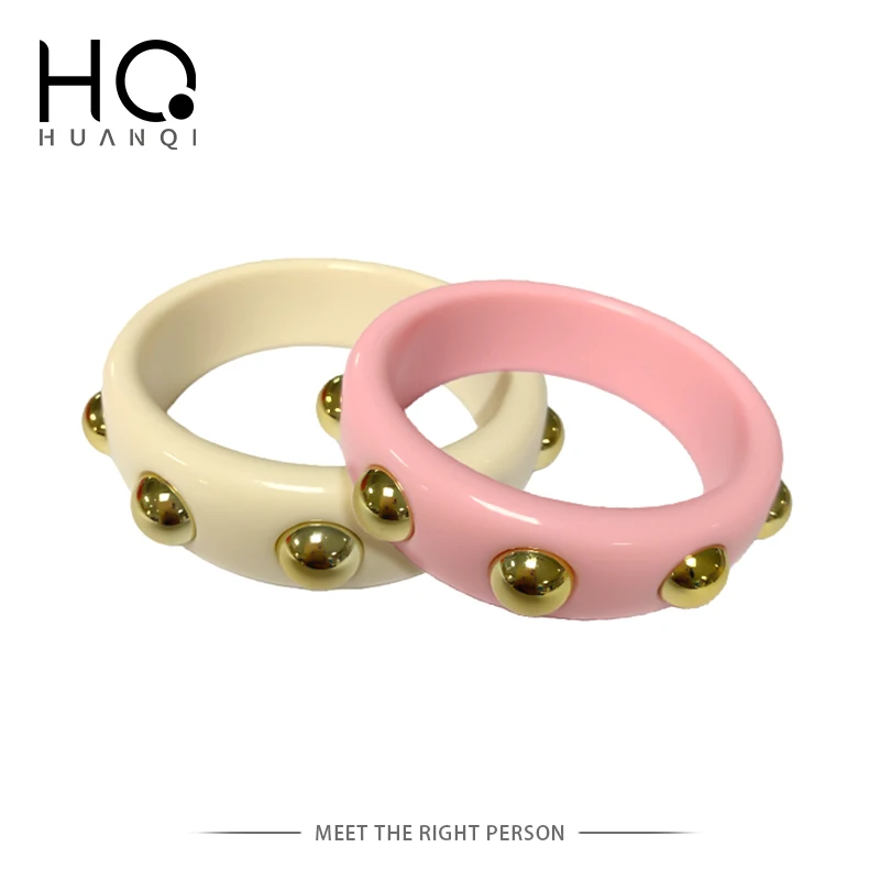 HUANQI 2023 New Vintage Geometric Big Wide Circle Double Row Metal Hemisphere Resin Acrylic Bracelet for Women Trendy Jewelry