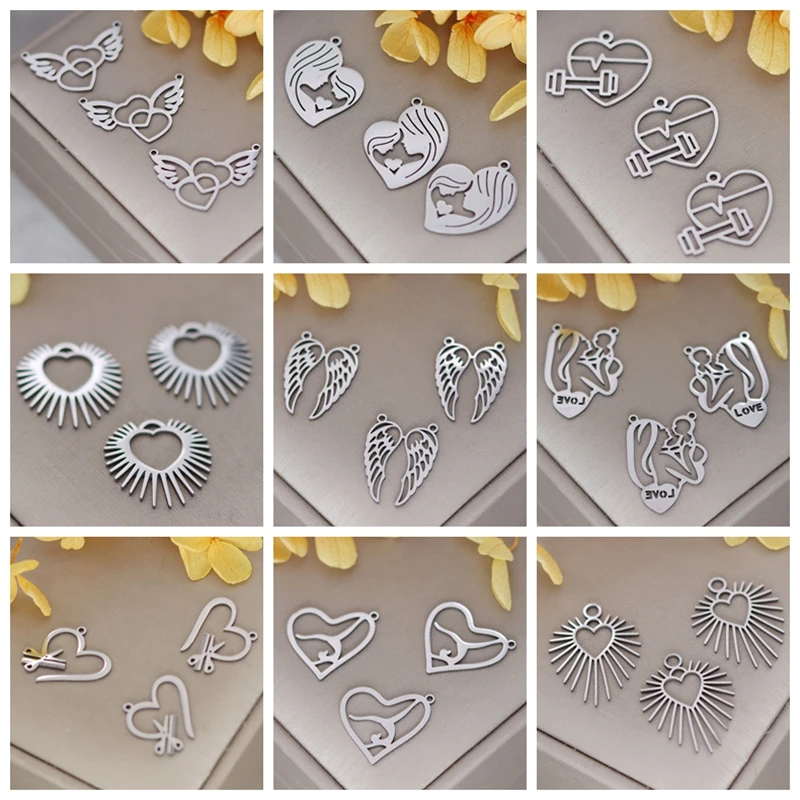 3 szt. DIY Vintage kolczyk serce Charms skrzydła/promienie słoneczne/nożyczki/linia ekg/mama i Bady tworzenia biżuterii ze stali nierdzewnej wisiorek rzemieślniczy