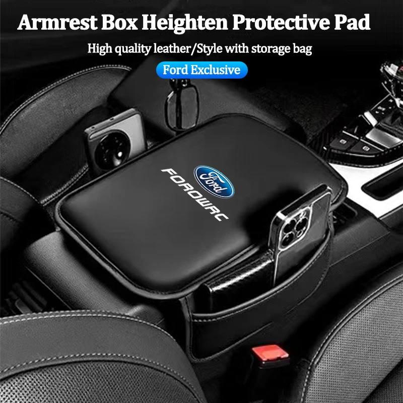 Car Armrest Pad Auto Armrest Mat Storage Bag Leather Interiors For Ford Focus Fiesta C-Max ST Mondeo Explorer Transit Kuga F150