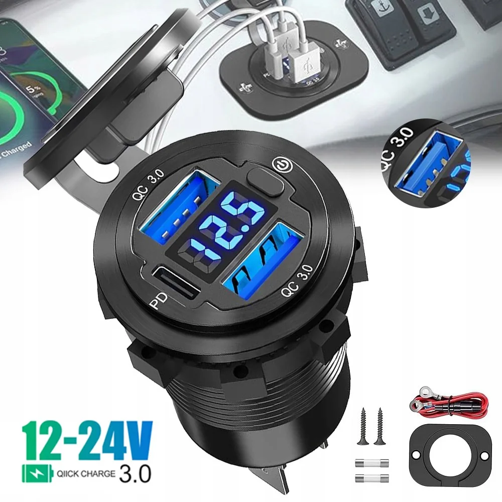12V USB-Steckdose mit Dual-USB Quick Charge 3.0 Anschluss & PD USB-C Autoladegerät mit Voltmeter und Schalter für Auto, Boot, Marine, LKW