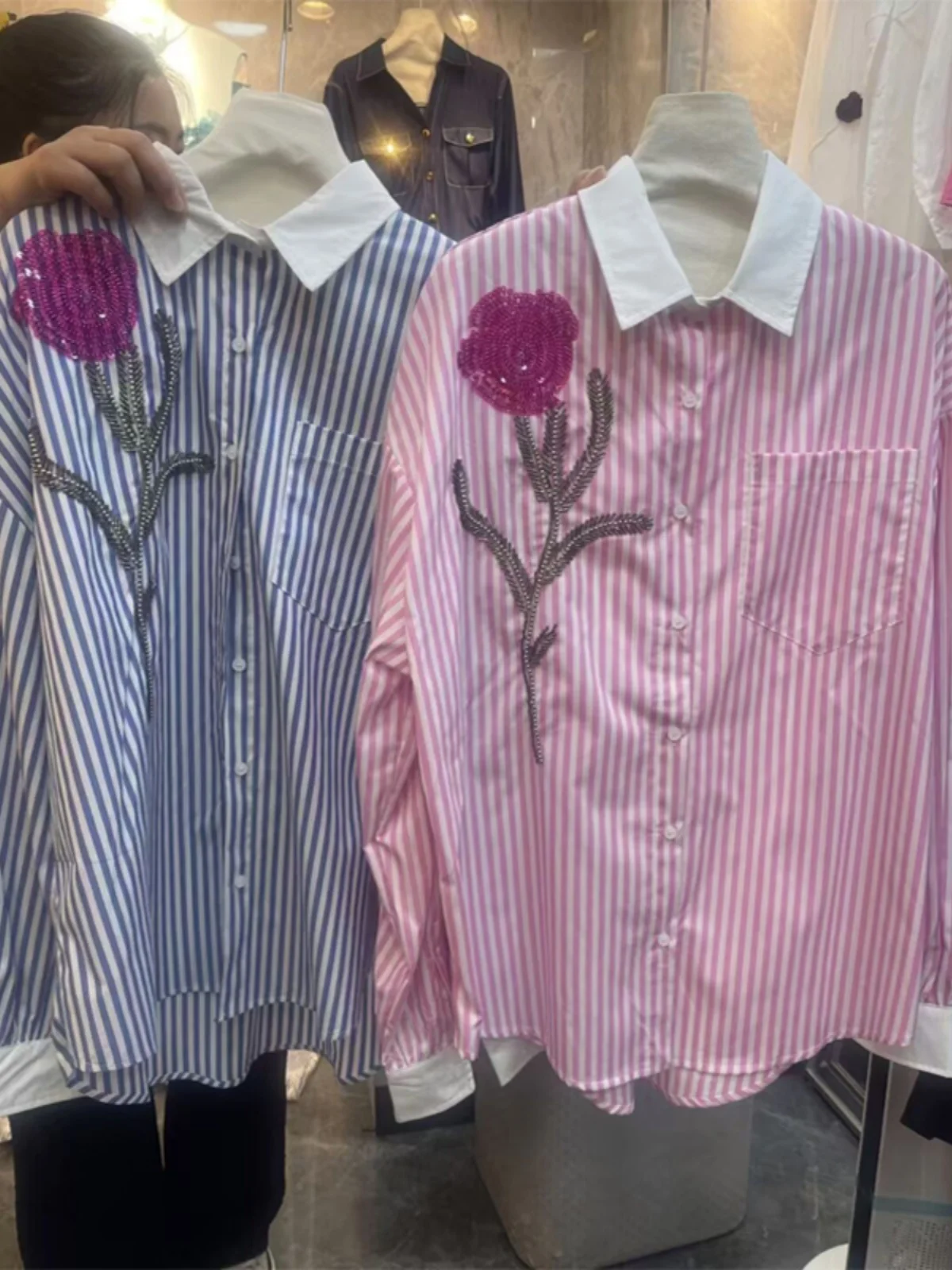 

Ele Pink Embroidered Rose Stripe Women's Heavyweight irt Design Sense Long Sve Fllouse Original Design Loose Fit