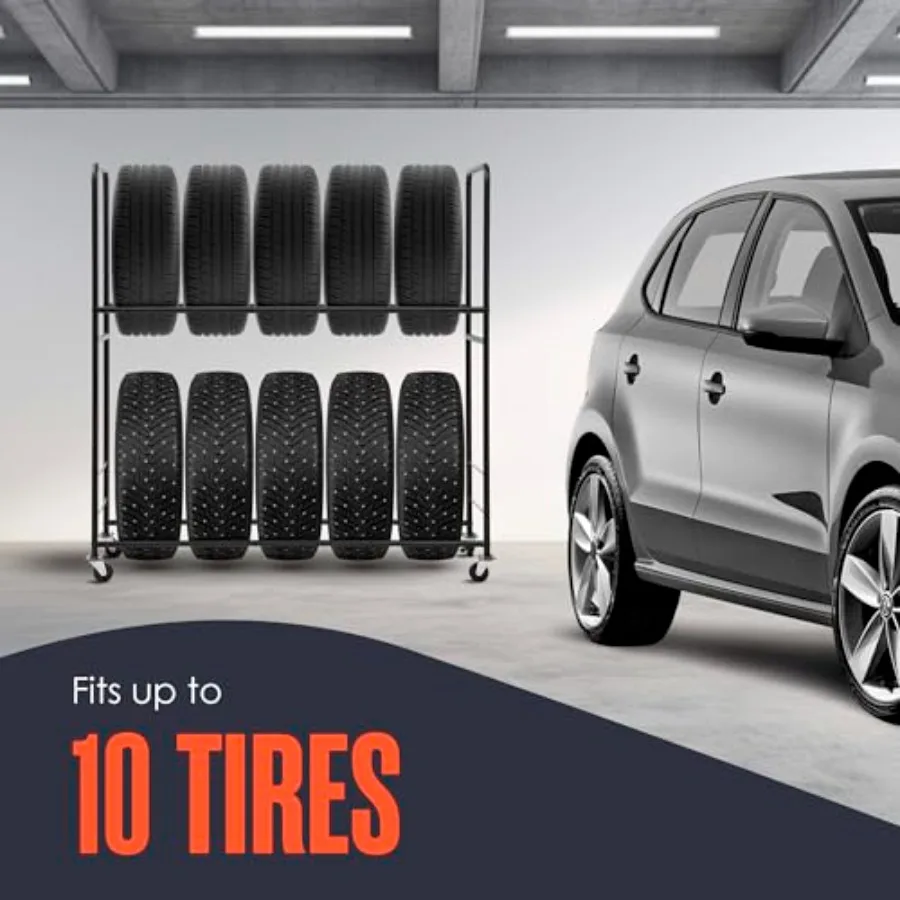 Tire Rack for Garage, Metal, Black, Rolling with Locking Casters, Height Adjustable 26.5-34.5, Fits Up To 10 Wheels, 63 x 60 x view 6