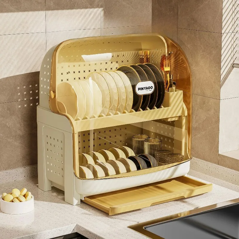Plastic Kitchen Storage Organizer with Lid, 2-Tier Dish Drying Rack for Utensils Plates Bowls, Space-Saving Home Cabinet