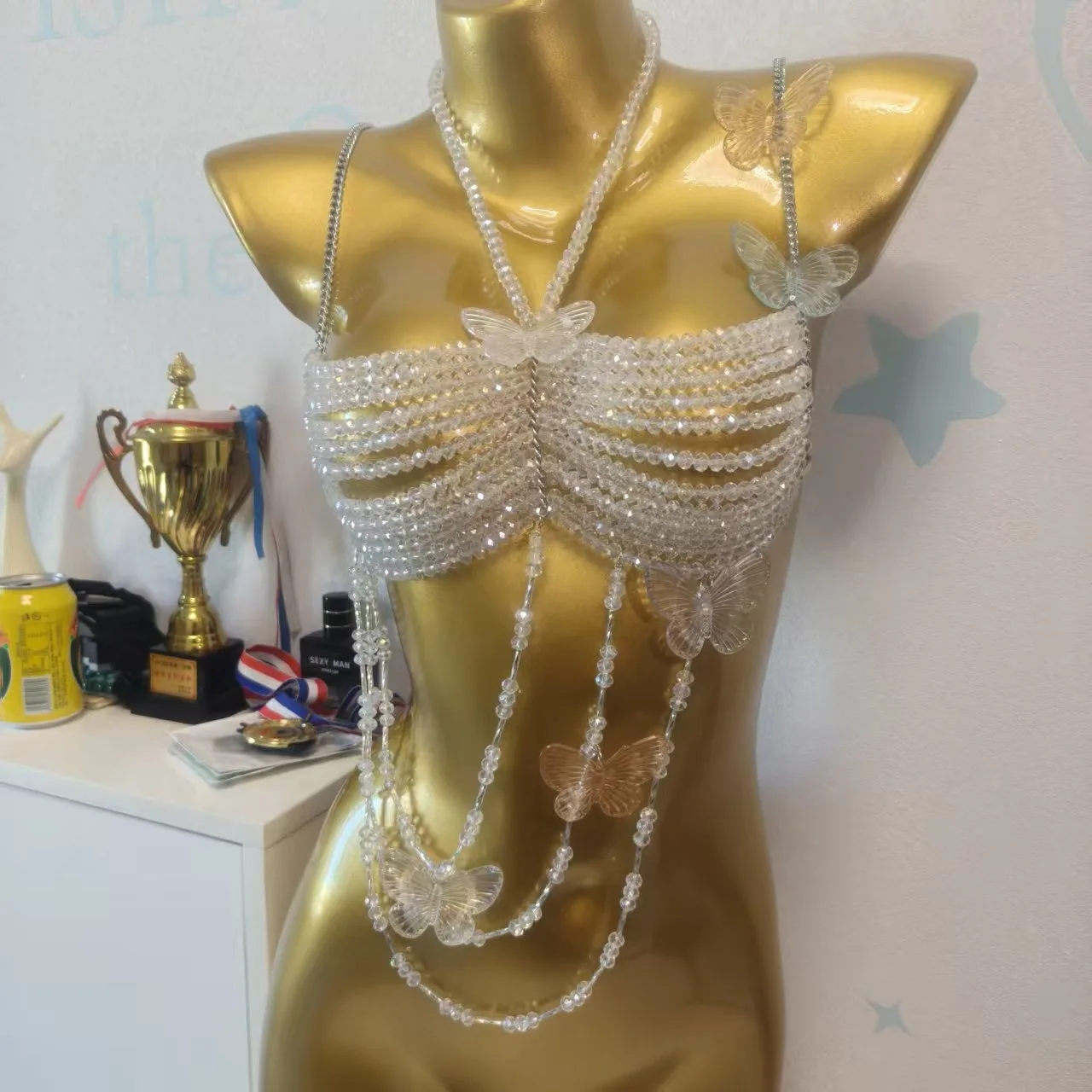 Luxury Designer Transparent Acrylic Beaded Tops Vest Tank Bra Summer Beach Sexy Crop Tops Butterfly Halter Camis Body Jewelry