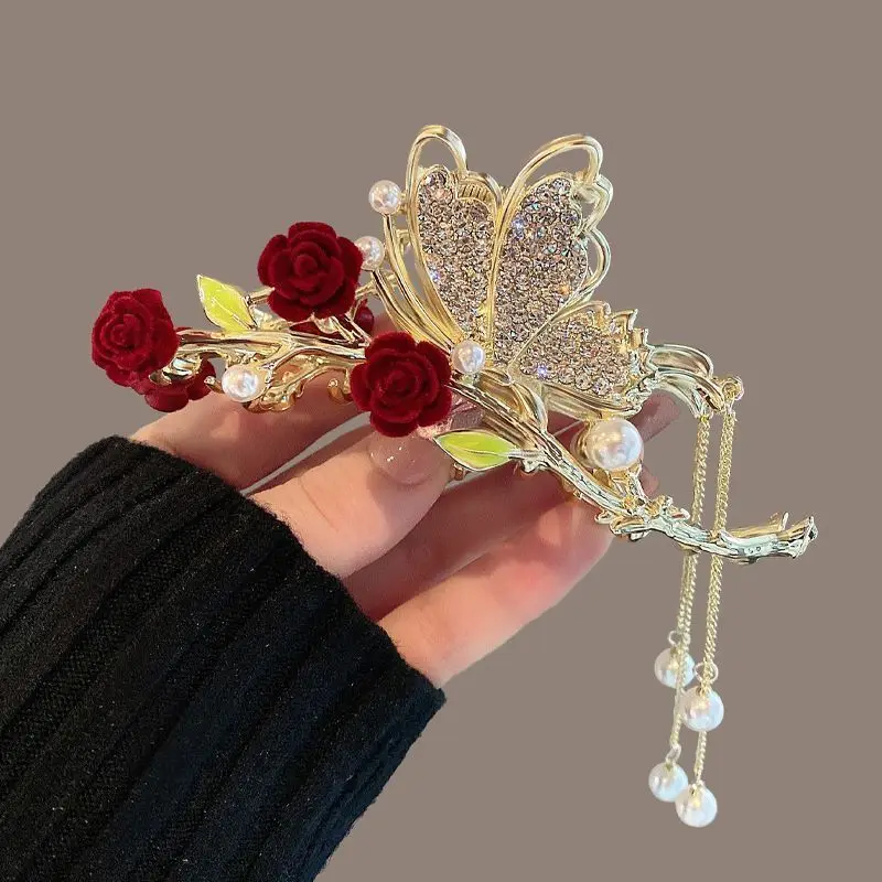 Fench Style Red Rose Flower Butterfly Tassel Alloy Hair Claw Women Back of The Head Grab Clip Female Shark Clip New Headwear