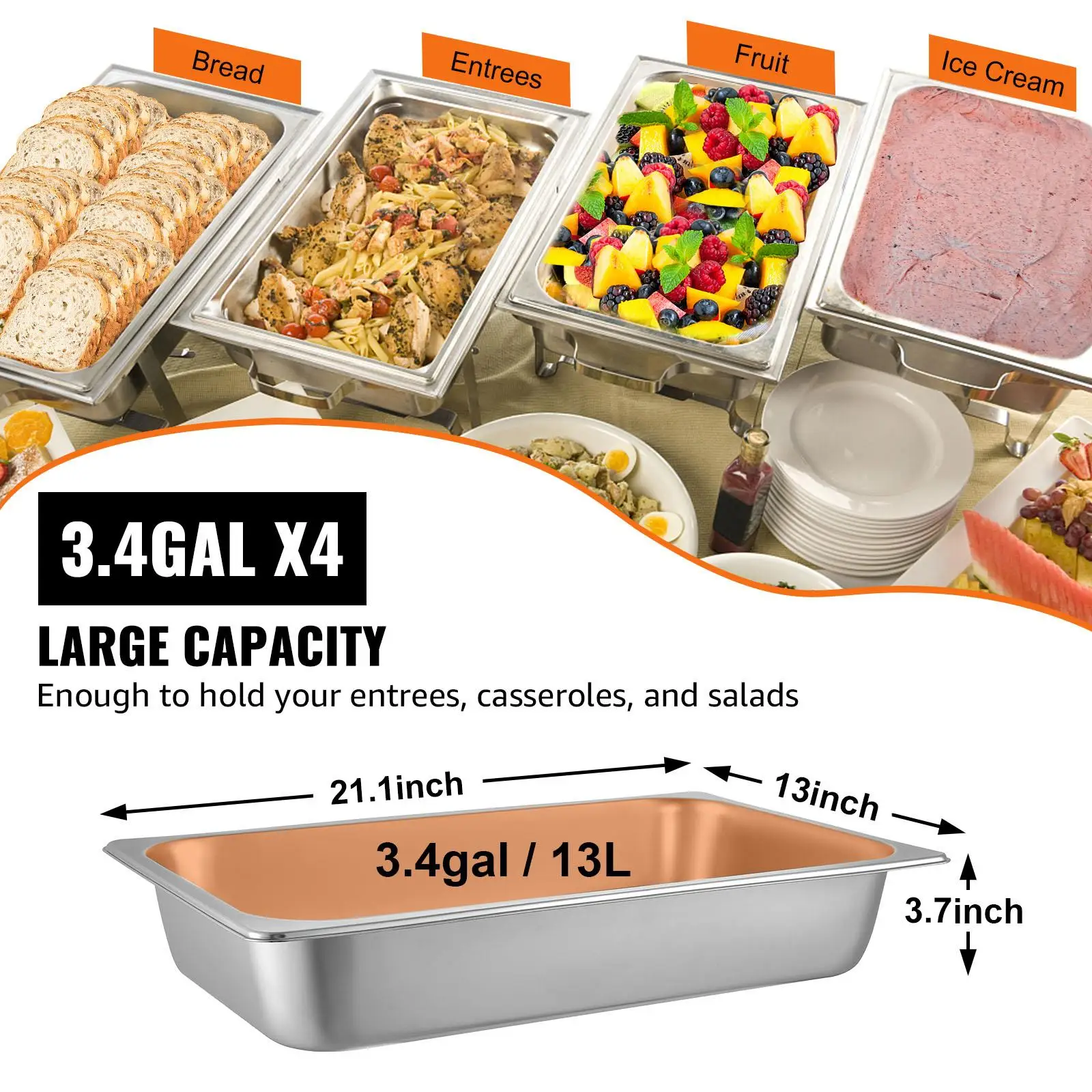 4 Pack Full Size Stainless Steel Steam Table Pans 20.9 x 12.8 x 3.9 Inch Deep 13L Food Containers Oven Trays Hotel Catering Kitchen