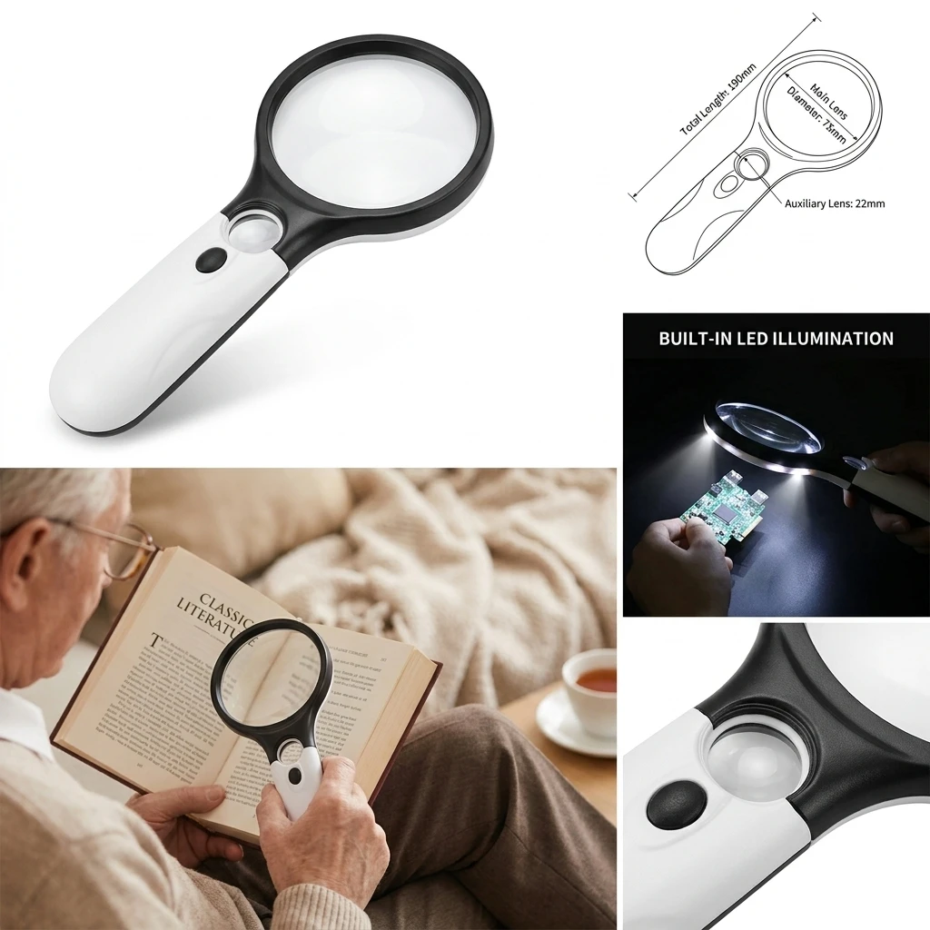Lupa de Mano Blanca de 45X con 3 Luces LED, Lupa de Lectura para Inspección de Joyas, Lupa de Aumento