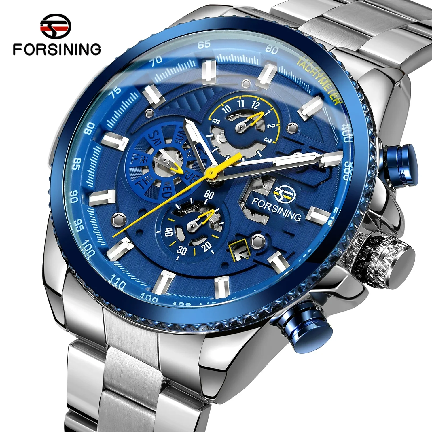 FORSINING Sport Waterproof Big Dial Mechanical Watches Luxury Stainless Steel Watch For Men Multifunctional Automatic Wristwatch