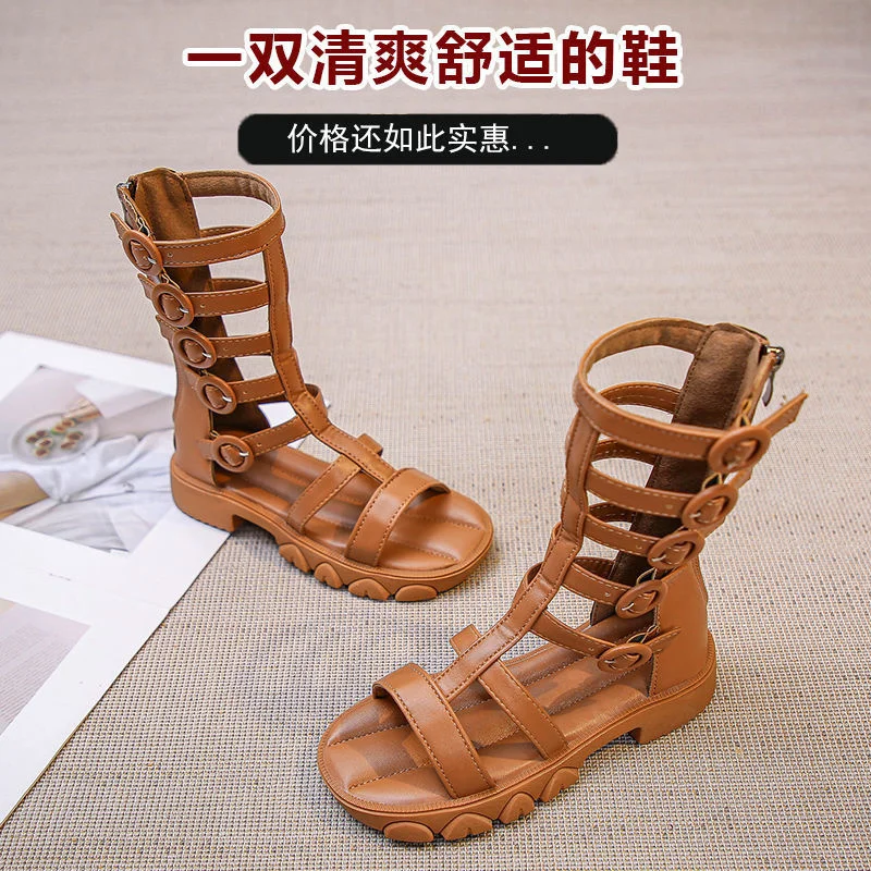 Summer Solid PU Children Gladiator Sandals Buckle Zipper High Top Girls Sandals Soft Anti Slip Footwear Kids Fashion Shoes