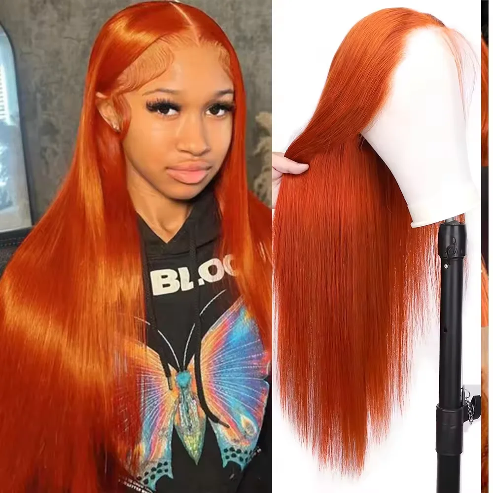 

30 Inch Straight Orange Ginger Lace Front Wigs Human Hair 350 Colored Brazilian 13X6 HD Transparent Lace Frontal Wigs For Women