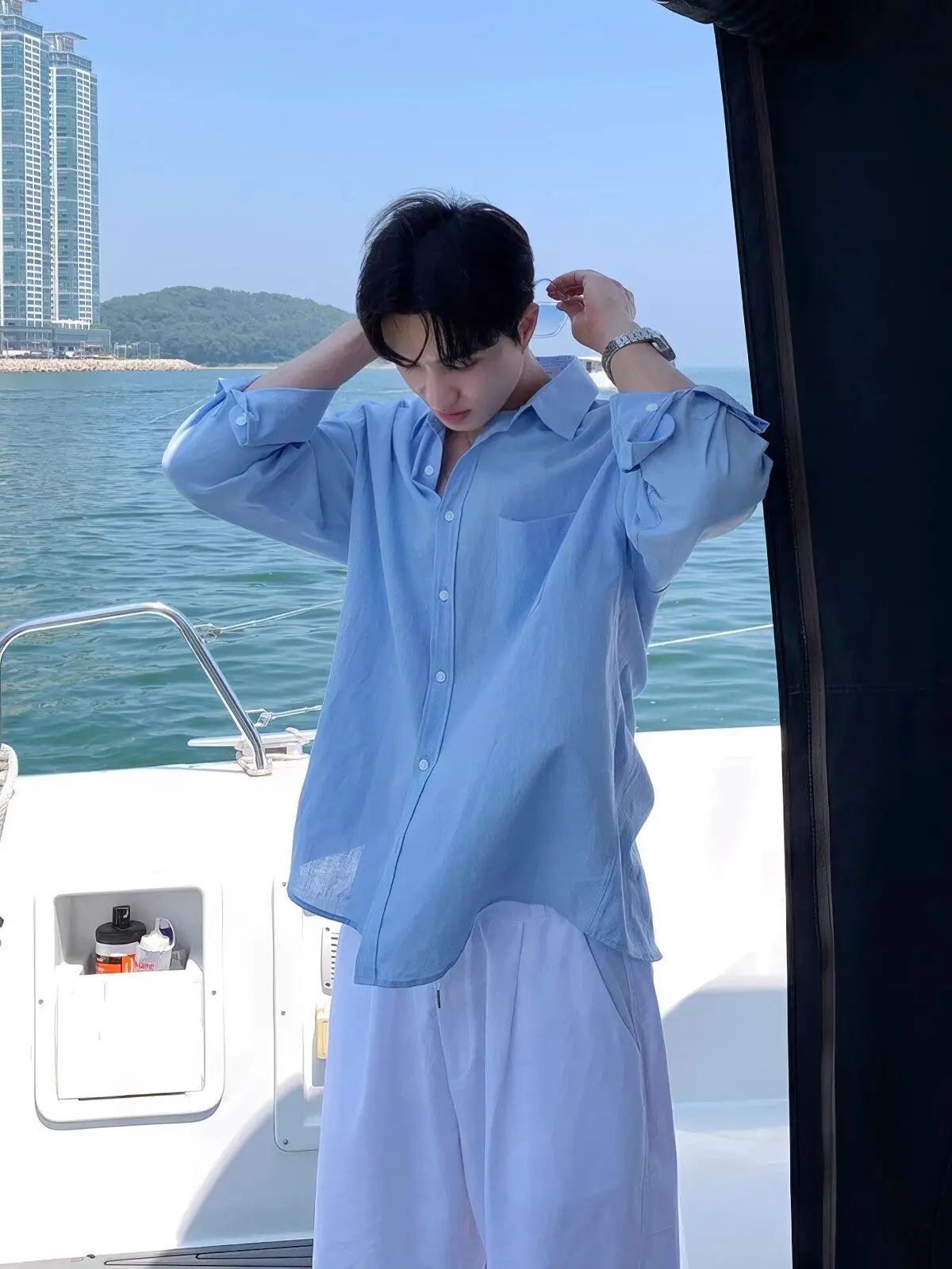 

Light Blue Linen Long Sleeve Shirt Men Summer Korean Style Casual Breathable Thin Holiday Sun Protection Casual Shirt