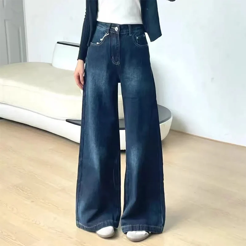 Harajuku Wide Leg Jeans for Women Vintage Deep Blue High Waist Full Length Pants Autumn 2000S Streetwear Loose Straight Trousers